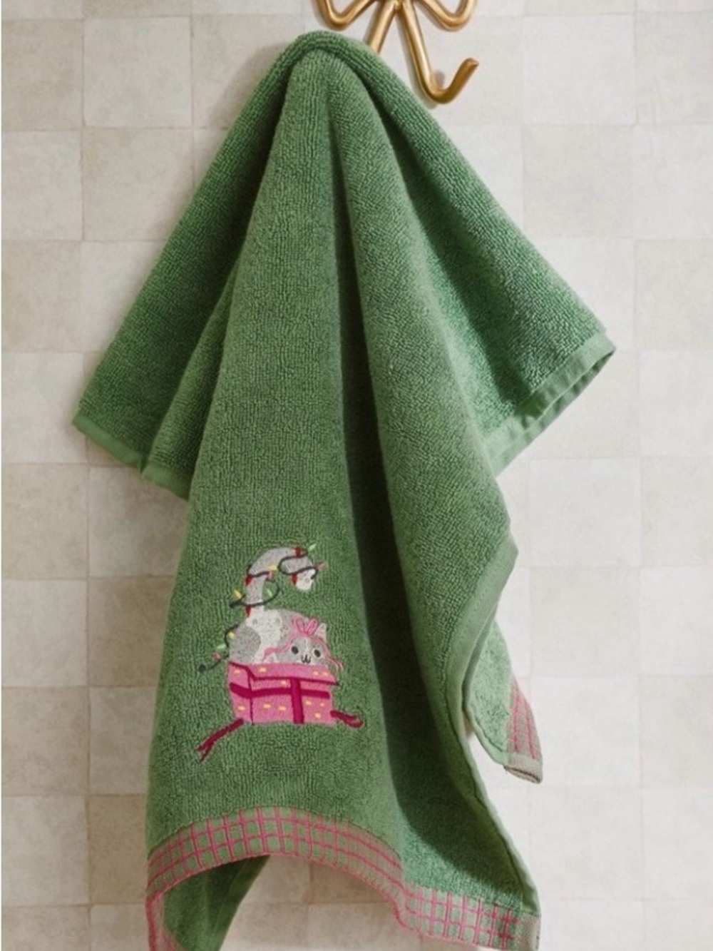 Anthropologie Green Embroidered Hand Towel with Pink Accent